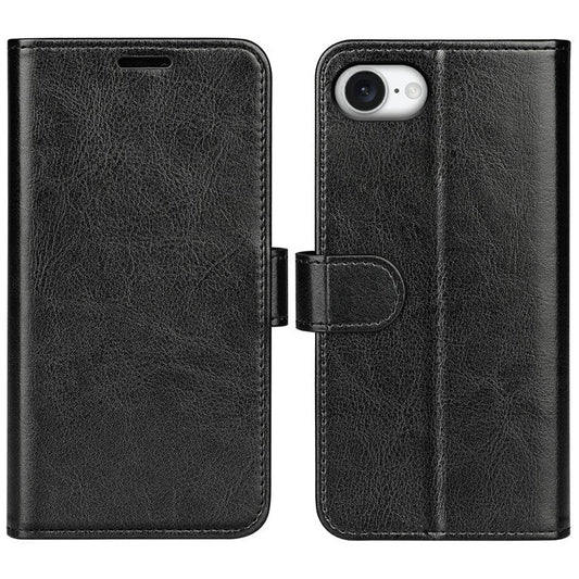 For iPhone 16e Wallet Case Crazy Horse Texture Stand Leather Phone Cover - Black