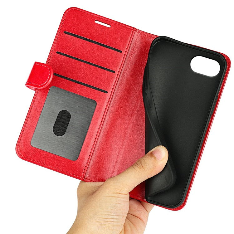 For iPhone 16e Wallet Case Crazy Horse Texture Stand Leather Phone Cover - Red