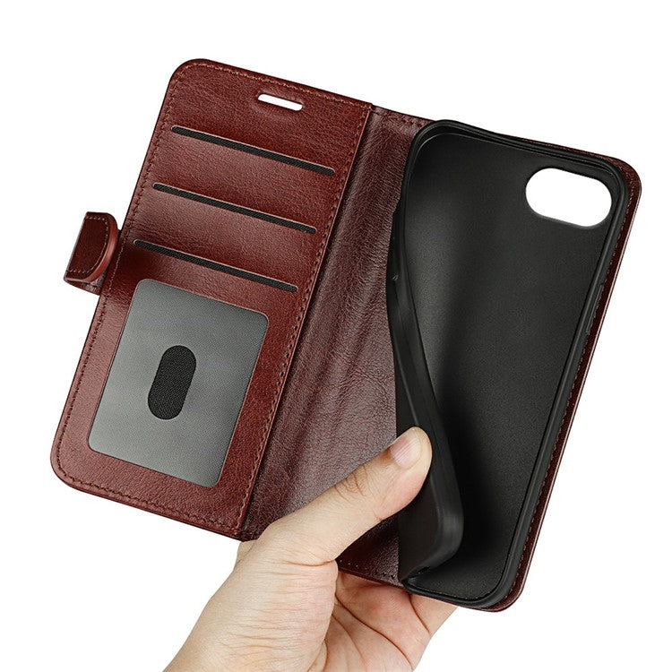 For iPhone 16e Wallet Case Crazy Horse Texture Stand Leather Phone Cover - Brown