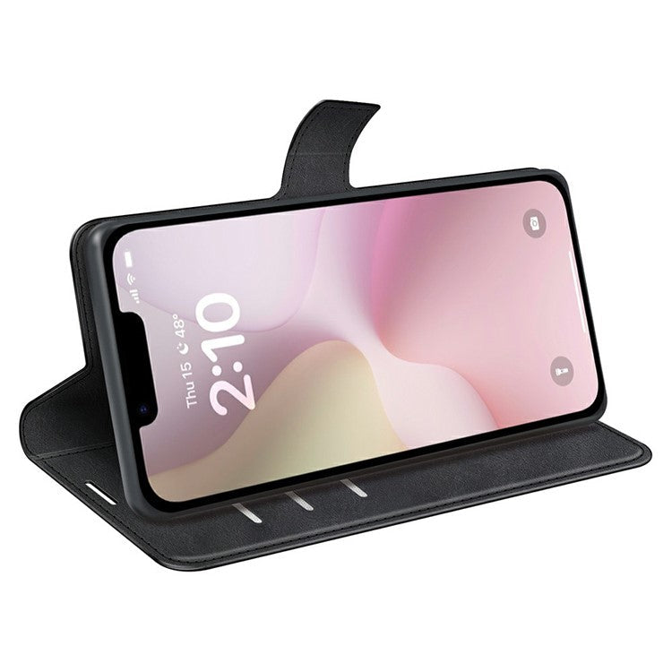 For iPhone 16e Stand Case Anti-Scratch Calf Texture Leather Phone Cover - Black