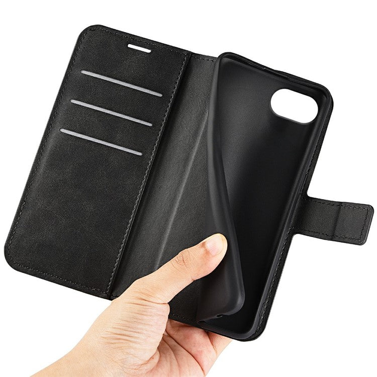 For iPhone 16e Stand Case Anti-Scratch Calf Texture Leather Phone Cover - Black