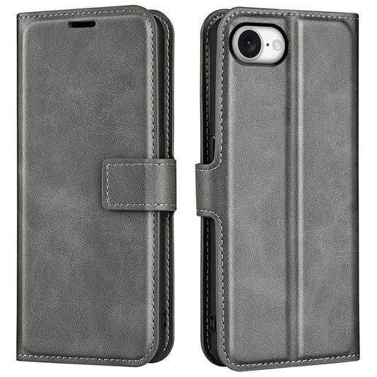 For iPhone 16e Stand Case Anti-Scratch Calf Texture Leather Phone Cover - Grey