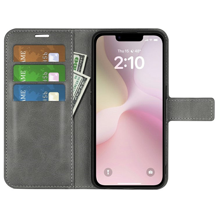 For iPhone 16e Stand Case Anti-Scratch Calf Texture Leather Phone Cover - Grey
