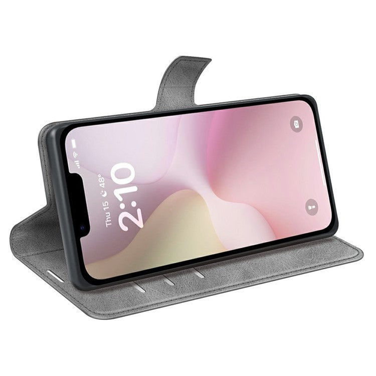For iPhone 16e Stand Case Anti-Scratch Calf Texture Leather Phone Cover - Grey