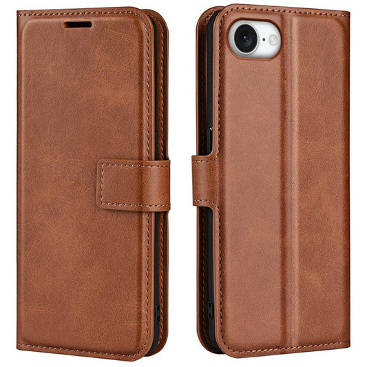 For iPhone 16e Stand Case Anti-Scratch Calf Texture Leather Phone Cover - Light Brown
