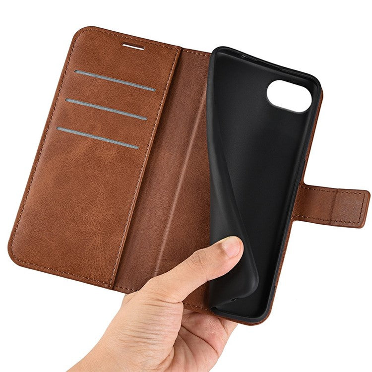 For iPhone 16e Stand Case Anti-Scratch Calf Texture Leather Phone Cover - Light Brown