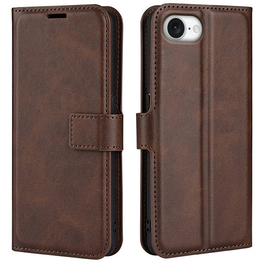 For iPhone 16e Stand Case Anti-Scratch Calf Texture Leather Phone Cover - Brown