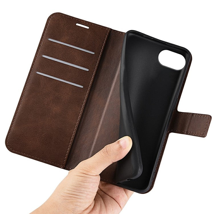 For iPhone 16e Stand Case Anti-Scratch Calf Texture Leather Phone Cover - Brown