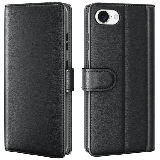 For iPhone 16e Case Genuine Split Leather Phone Cover Wallet Card Slot - Black