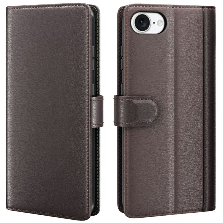 For iPhone 16e Case Genuine Split Leather Phone Cover Wallet Card Slot - Brown