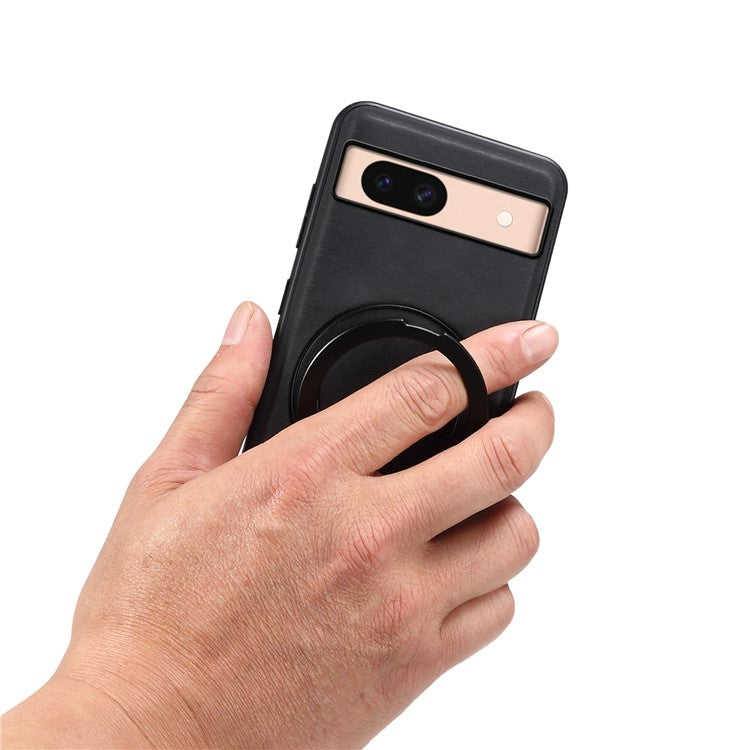 DENIOR A14 For Google Pixel 8a Magnetic Case Rotary Kickstand Leather PC TPU Phone Cover - Black