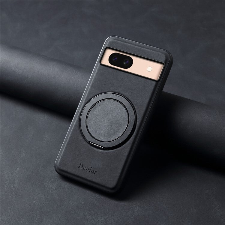 DENIOR A14 For Google Pixel 8a Magnetic Case Rotary Kickstand Leather PC TPU Phone Cover - Black