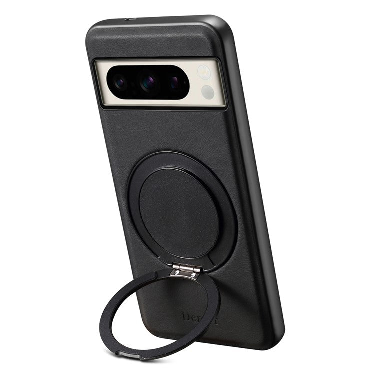 DENIOR A14 For Google Pixel 8 Pro Magnetic Case Rotary Kickstand Leather PC TPU Phone Cover - Black
