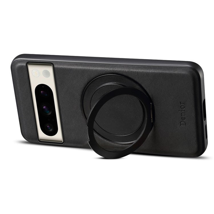 DENIOR A14 For Google Pixel 8 Pro Magnetic Case Rotary Kickstand Leather PC TPU Phone Cover - Black