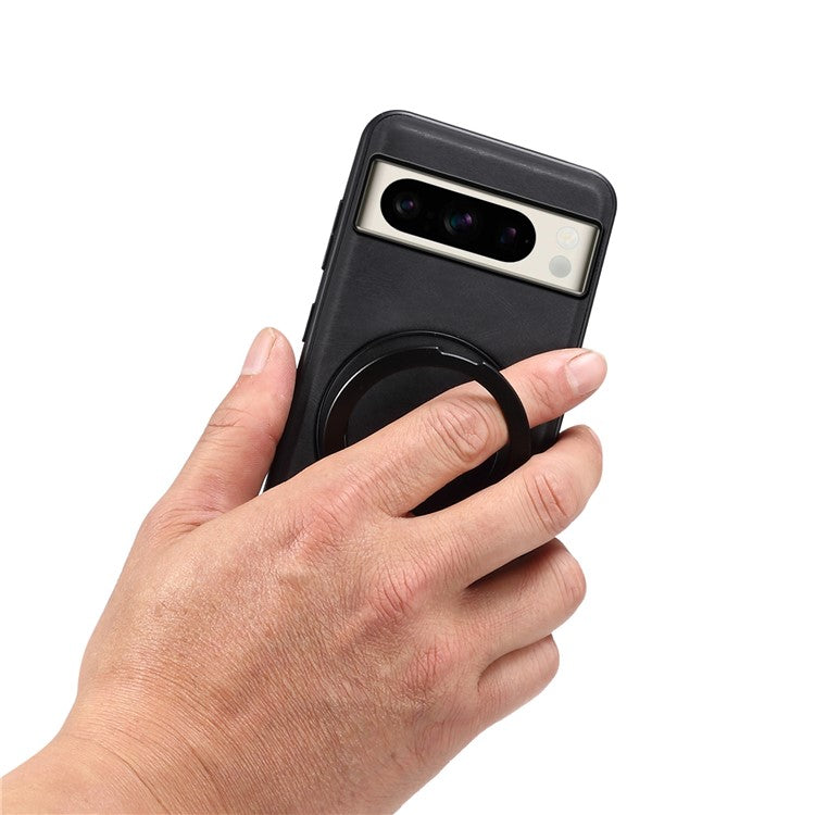 DENIOR A14 For Google Pixel 8 Pro Magnetic Case Rotary Kickstand Leather PC TPU Phone Cover - Black