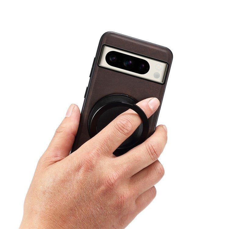 DENIOR A14 For Google Pixel 8 Pro Magnetic Case Rotary Kickstand Leather PC TPU Phone Cover - Brown