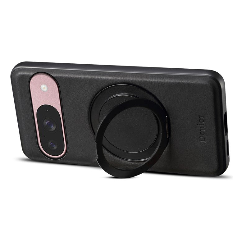 DENIOR A14 For Google Pixel 9 / Pixel 9 Pro Magnetic Case Rotary Kickstand Leather PC TPU Phone Cover - Black