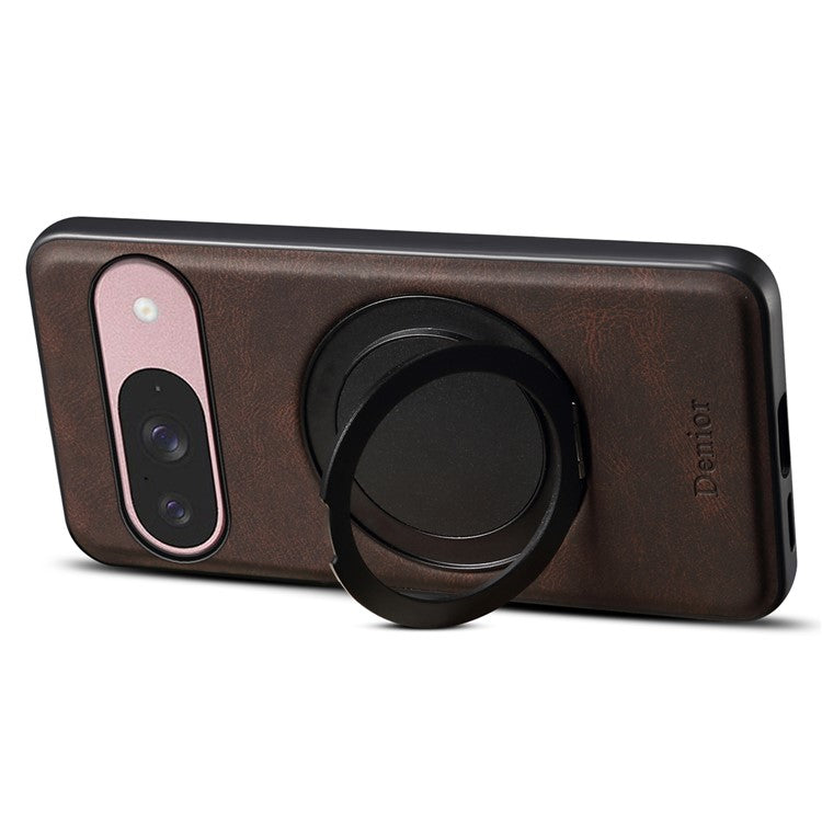 DENIOR A14 For Google Pixel 9 / Pixel 9 Pro Magnetic Case Rotary Kickstand Leather PC TPU Phone Cover - Brown