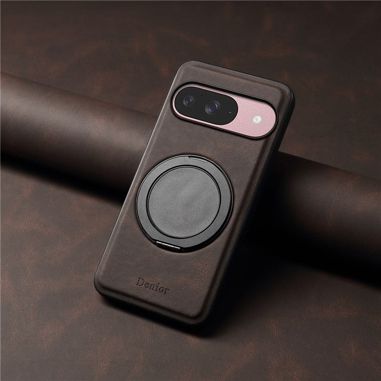 DENIOR A14 For Google Pixel 9 / Pixel 9 Pro Magnetic Case Rotary Kickstand Leather PC TPU Phone Cover - Brown