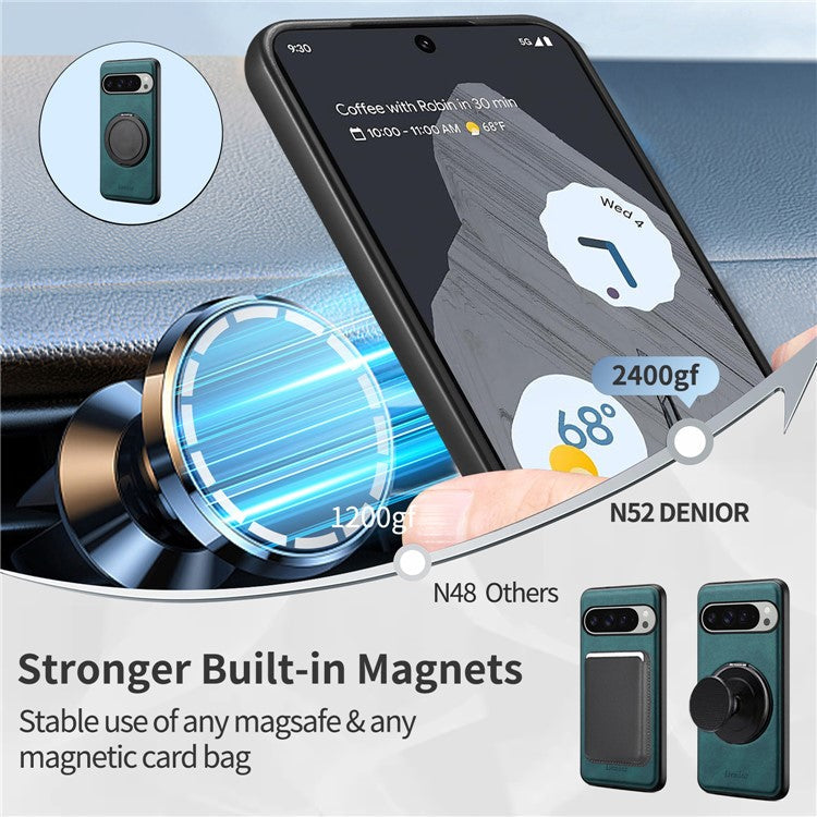 DENIOR A14 For Google Pixel 9 Pro XL Magnetic Case Rotary Kickstand Leather PC TPU Phone Cover - Blue