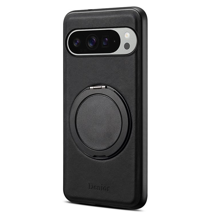 DENIOR A14 For Google Pixel 9 Pro XL Magnetic Case Rotary Kickstand Leather PC TPU Phone Cover - Black