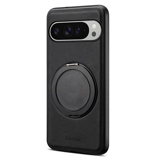DENIOR A14 For Google Pixel 9 Pro XL Magnetic Case Rotary Kickstand Leather PC TPU Phone Cover - Black