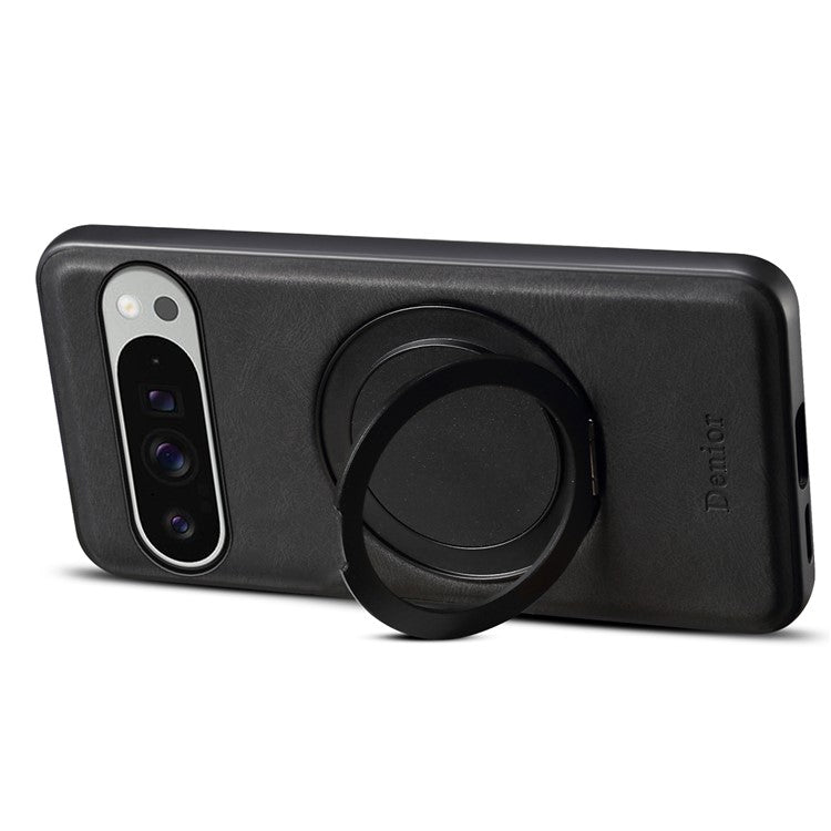 DENIOR A14 For Google Pixel 9 Pro XL Magnetic Case Rotary Kickstand Leather PC TPU Phone Cover - Black