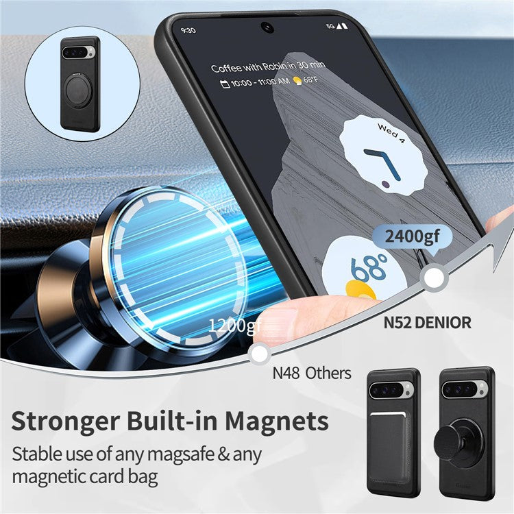 DENIOR A14 For Google Pixel 9 Pro XL Magnetic Case Rotary Kickstand Leather PC TPU Phone Cover - Black