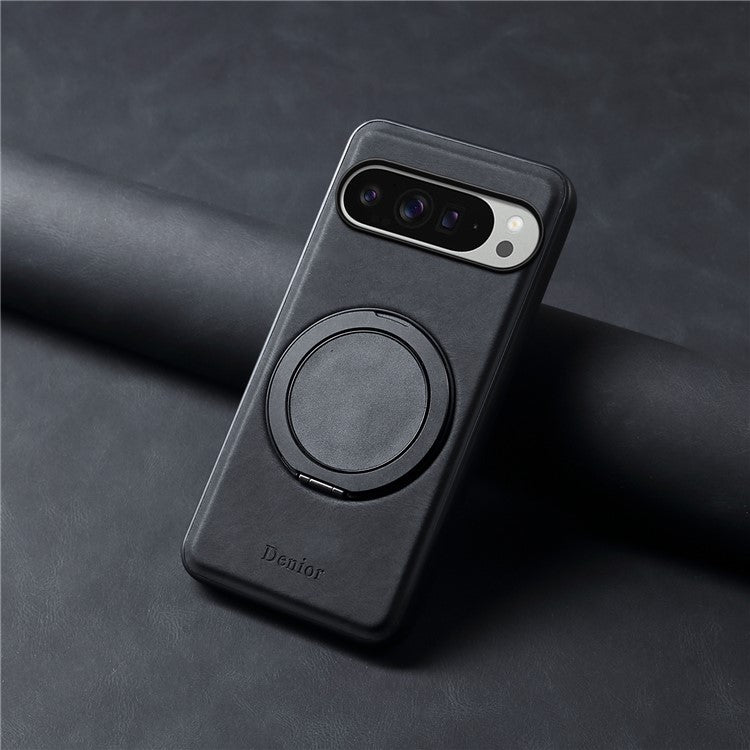 DENIOR A14 For Google Pixel 9 Pro XL Magnetic Case Rotary Kickstand Leather PC TPU Phone Cover - Black
