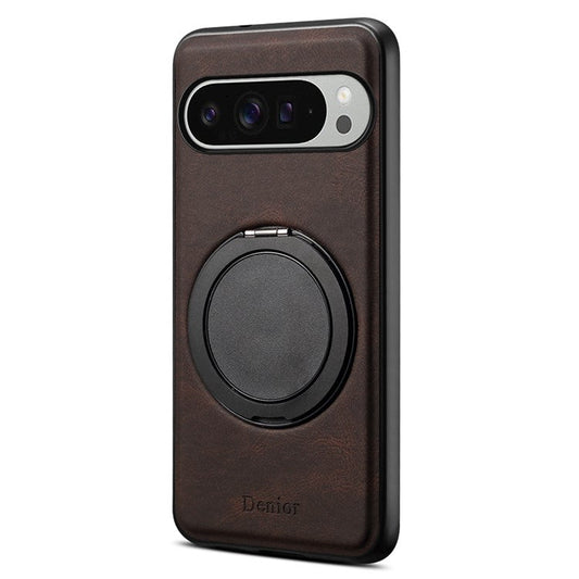DENIOR A14 For Google Pixel 9 Pro XL Magnetic Case Rotary Kickstand Leather PC TPU Phone Cover - Brown