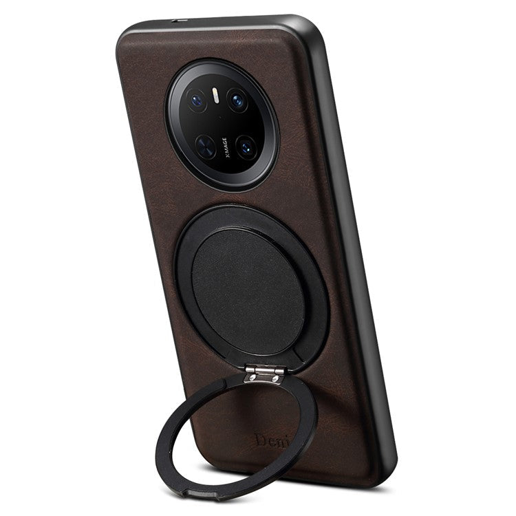 DENIOR A14 For Huawei Mate 70 Magnetic Case Rotary Kickstand Leather PC TPU Phone Cover - Brown