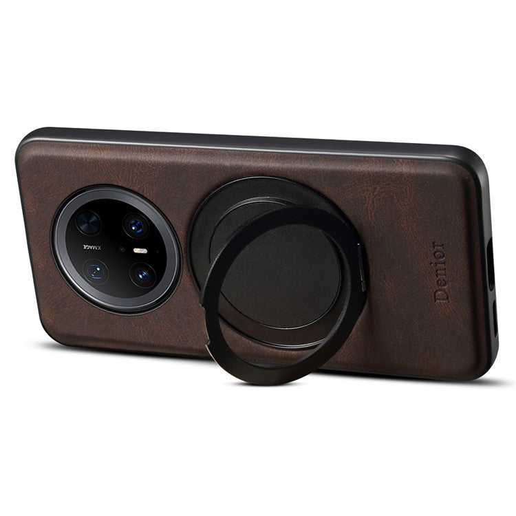 DENIOR A14 For Huawei Mate 70 Pro / Mate 70 Pro+ Magnetic Case Rotary Kickstand Leather PC TPU Phone Cover - Brown