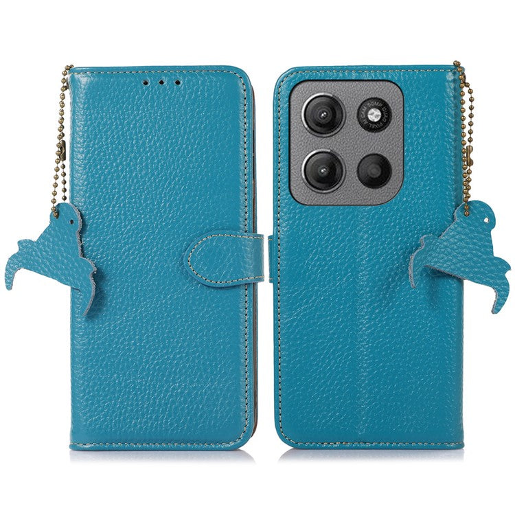 For Motorola Moto G15 4G / G05 4G Case RFID Blocking Genuine Cow Leather Phone Cover Litchi Texture - Blue