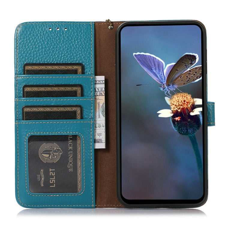 For Motorola Moto G15 4G / G05 4G Case RFID Blocking Genuine Cow Leather Phone Cover Litchi Texture - Blue