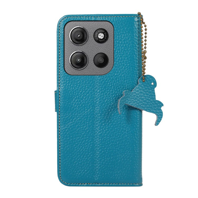 For Motorola Moto G15 4G / G05 4G Case RFID Blocking Genuine Cow Leather Phone Cover Litchi Texture - Blue