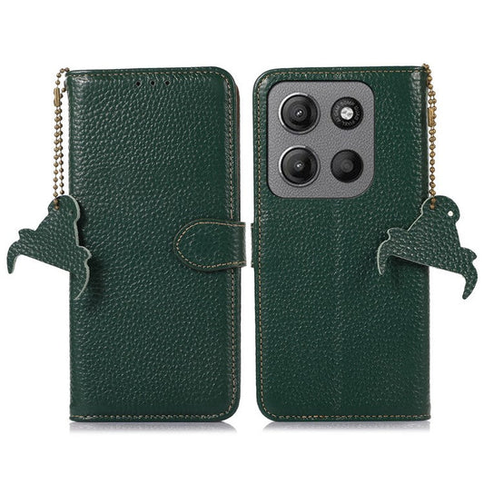 For Motorola Moto G15 4G / G05 4G Case RFID Blocking Genuine Cow Leather Phone Cover Litchi Texture - Green