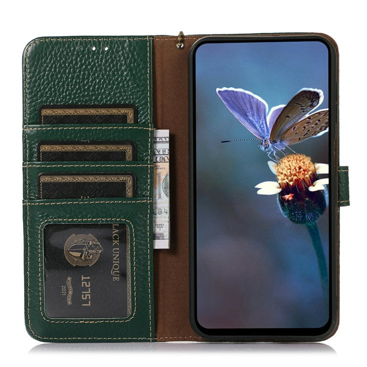 For Motorola Moto G15 4G / G05 4G Case RFID Blocking Genuine Cow Leather Phone Cover Litchi Texture - Green