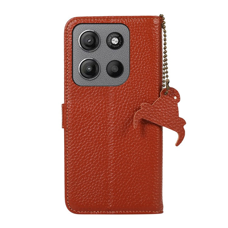 For Motorola Moto G15 4G / G05 4G Case RFID Blocking Genuine Cow Leather Phone Cover Litchi Texture - Brown