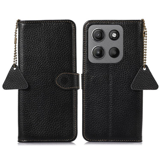 For Motorola Moto G15 4G / G05 4G Case RFID Blocking Genuine Cow Leather Phone Cover Litchi Texture - Black