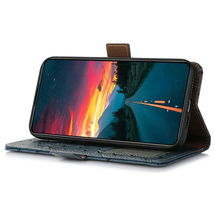 For Motorola Moto G15 4G / G05 4G Case RFID Blocking Genuine Cow Leather Phone Case Ostrich Texture - Blue