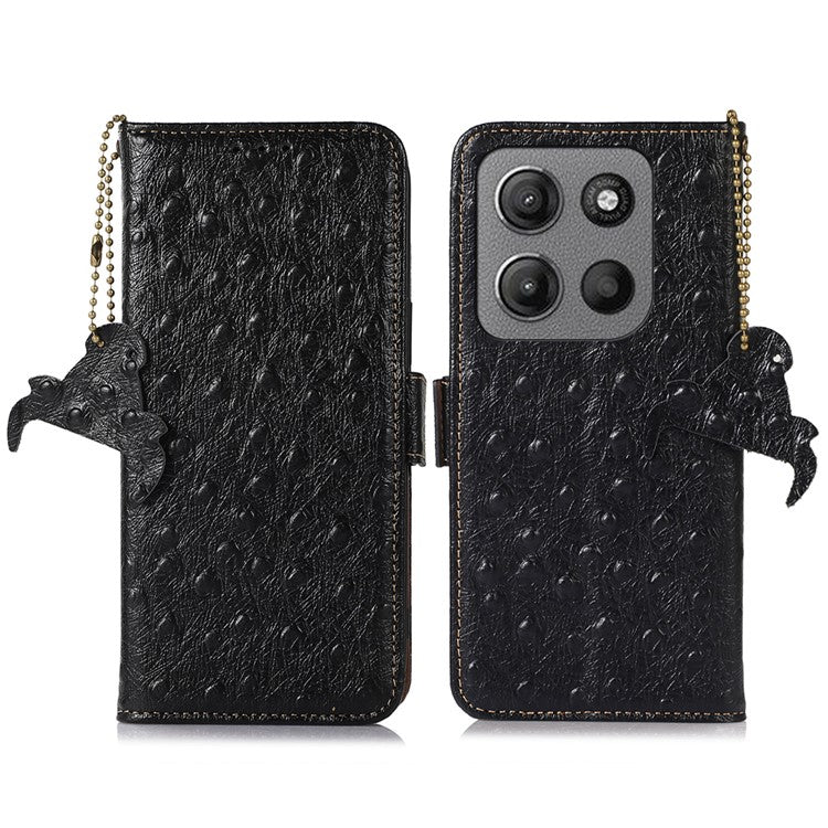 For Motorola Moto G15 4G / G05 4G Case RFID Blocking Genuine Cow Leather Phone Case Ostrich Texture - Black