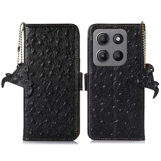 For Motorola Moto G15 4G / G05 4G Case RFID Blocking Genuine Cow Leather Phone Case Ostrich Texture - Black