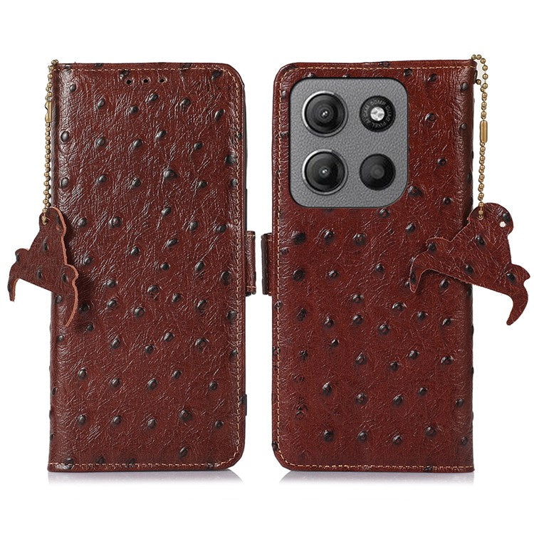 For Motorola Moto G15 4G / G05 4G Case RFID Blocking Genuine Cow Leather Phone Case Ostrich Texture - Coffee