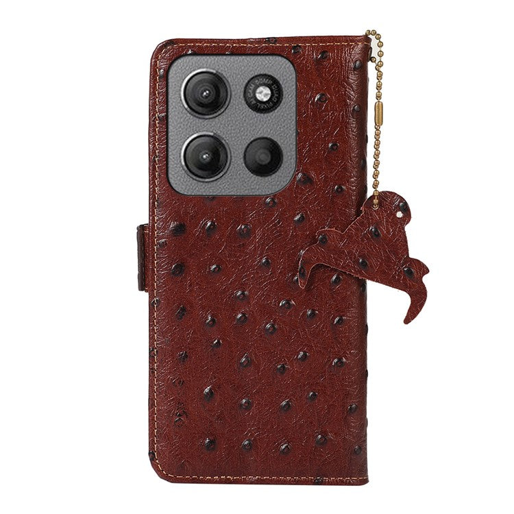 For Motorola Moto G15 4G / G05 4G Case RFID Blocking Genuine Cow Leather Phone Case Ostrich Texture - Coffee