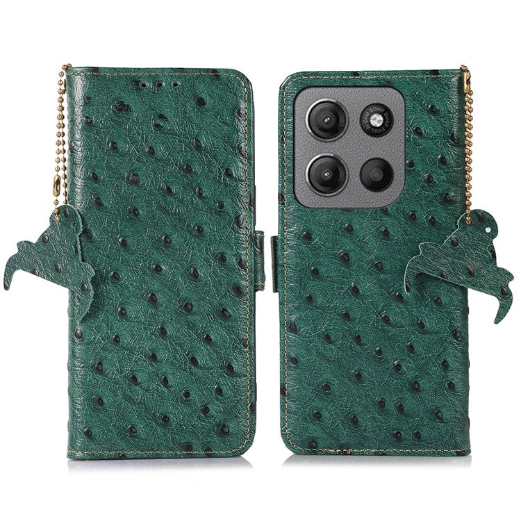 For Motorola Moto G15 4G / G05 4G Case RFID Blocking Genuine Cow Leather Phone Case Ostrich Texture - Green