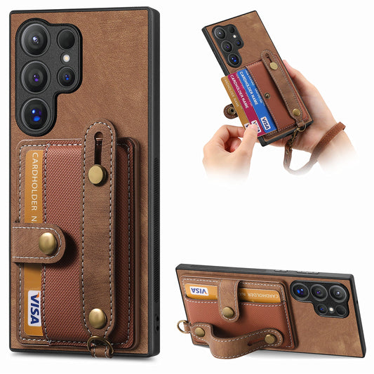 For Samsung Galaxy S25 Ultra Retro PU Leather Back Cover with Card Holder and Wristband Kickstand - Brown