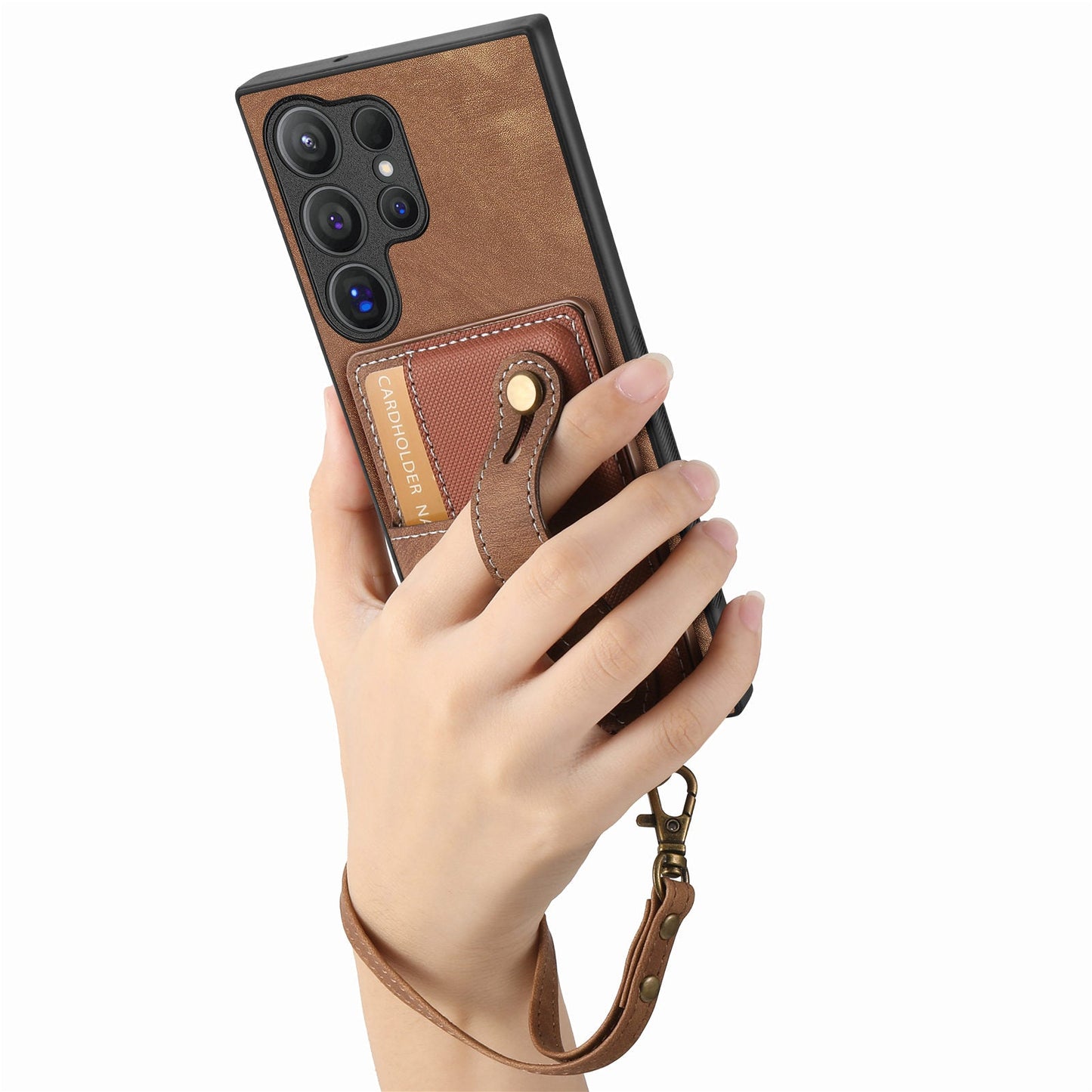 For Samsung Galaxy S25 Ultra Retro PU Leather Back Cover with Card Holder and Wristband Kickstand - Brown