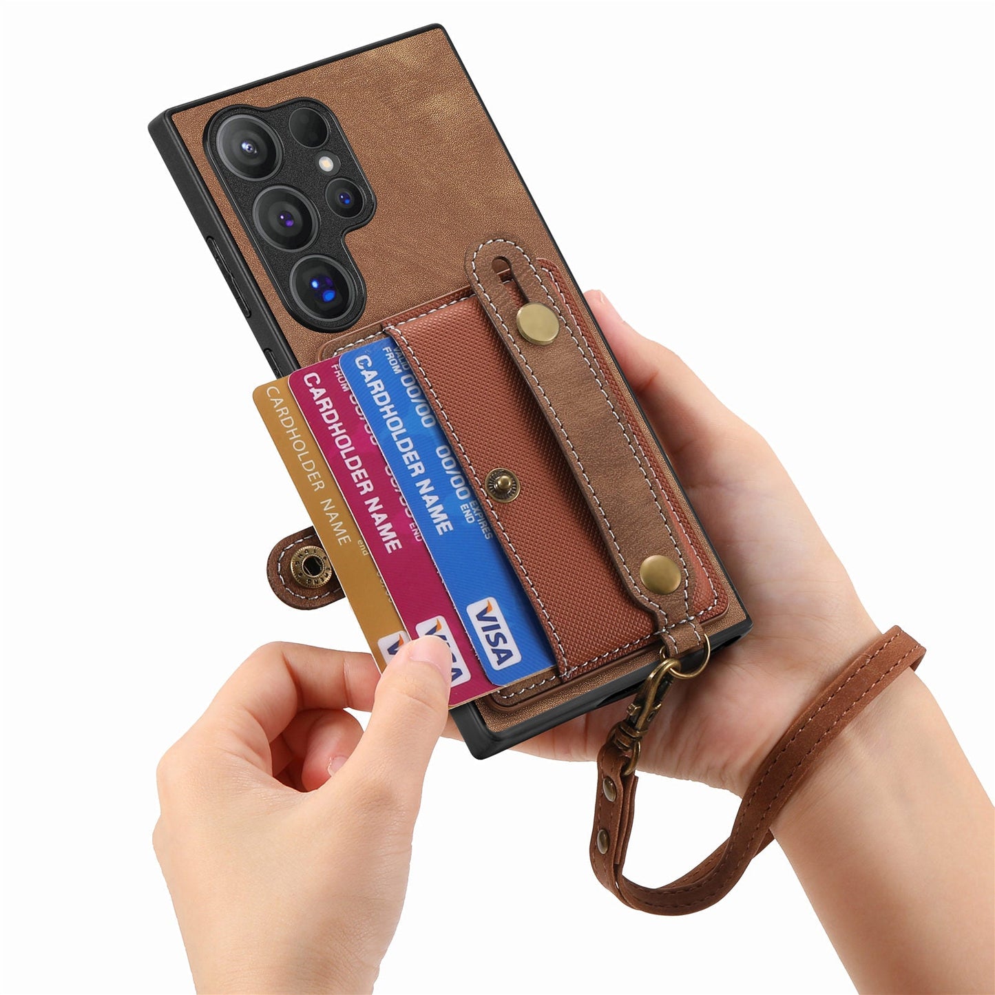 For Samsung Galaxy S25 Ultra Retro PU Leather Back Cover with Card Holder and Wristband Kickstand - Brown
