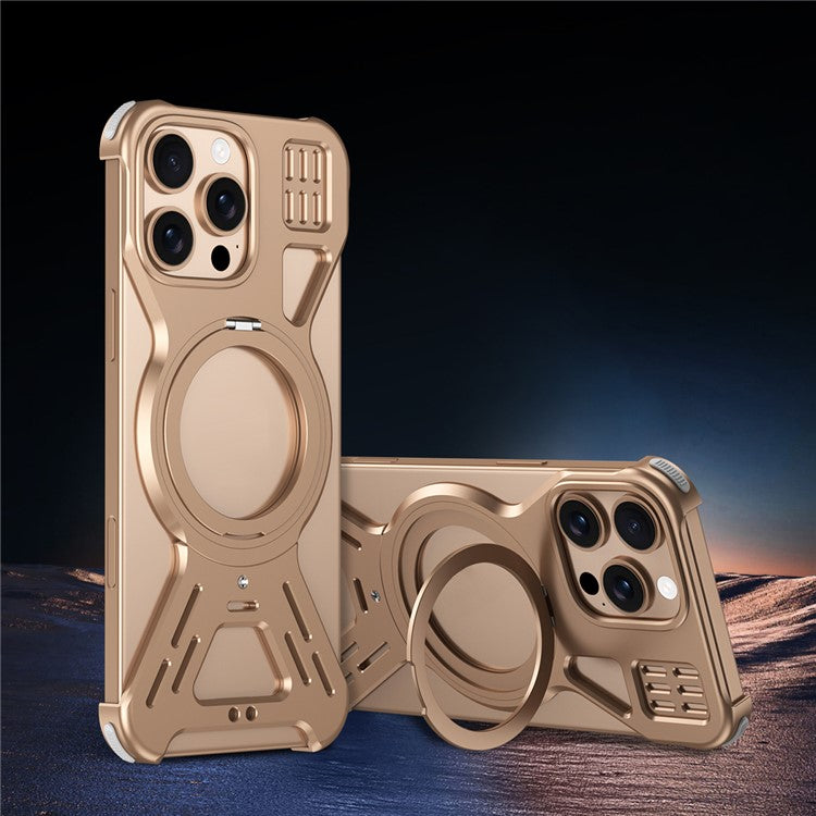 For iPhone 16 Pro Bumper Case Compatible with MagSafe Kickstand Metal Phone Cover - Desert Gold