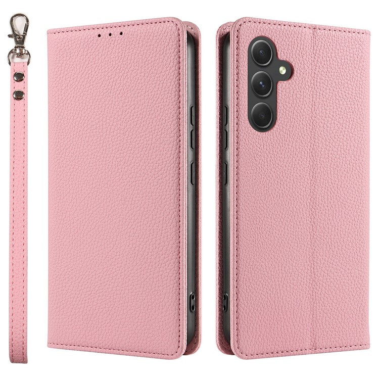 For Samsung Galaxy S25 Case Magnetic Litchi Texture Wallet Leather Phone Cover with Wrist Strap - Pink